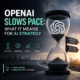 Hourglass beside a city skyline illustrating OpenAI slowing pace in AI strategy