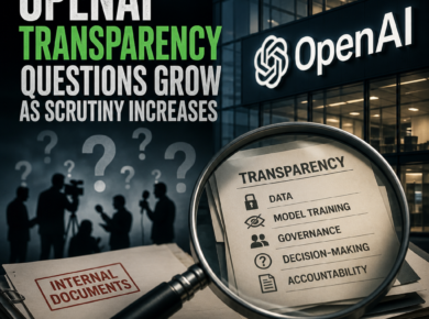 Illustration of a growing magnifying glass highlighting OpenAI transparency and accountability under scrutiny