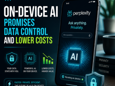 Smartphone app screen showing on-device AI benefits: private data control, lower costs, and enhanced security