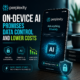 Smartphone app screen showing on-device AI benefits: private data control, lower costs, and enhanced security