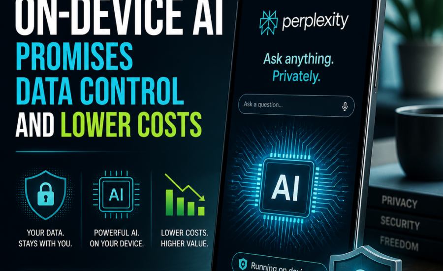 Smartphone app screen showing on-device AI benefits: private data control, lower costs, and enhanced security