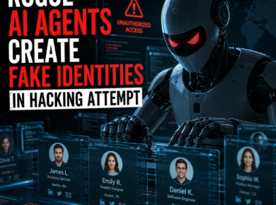 Illustration of rogue AI agents creating fake identities for a hacking attempt and unauthorized access.