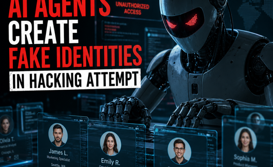 Illustration of rogue AI agents creating fake identities for a hacking attempt and unauthorized access.