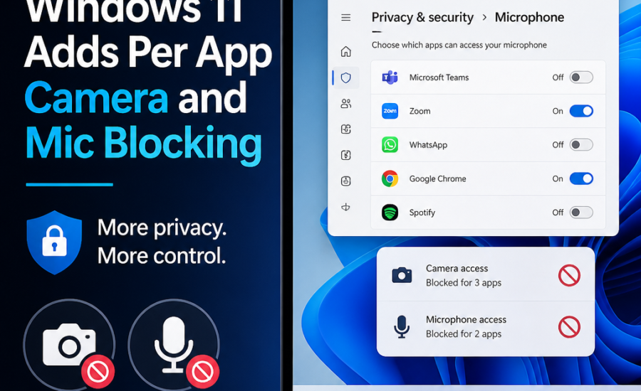 Windows 11 privacy settings screen showing per-app camera and microphone access controls