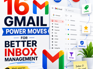 Colorful Gmail infographic listing 16 inbox management tips for better productivity