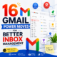 Colorful Gmail infographic listing 16 inbox management tips for better productivity