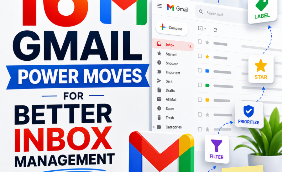 Colorful Gmail infographic listing 16 inbox management tips for better productivity