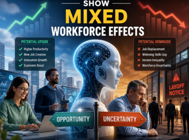Abstract graphic with AI and workforce icons showing mixed job impacts, opportunity, displacement, and uncertainty