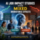 Abstract graphic with AI and workforce icons showing mixed job impacts, opportunity, displacement, and uncertainty
