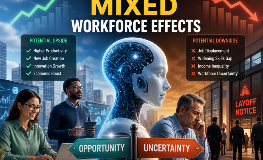 Abstract graphic with AI and workforce icons showing mixed job impacts, opportunity, displacement, and uncertainty