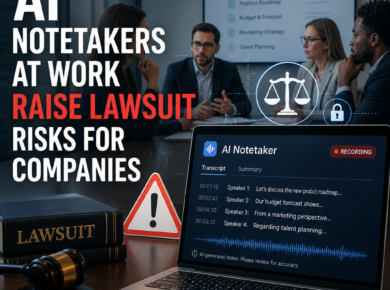 Illustration of AI note-taking at work, highlighting privacy, legal, and compliance risks for companies