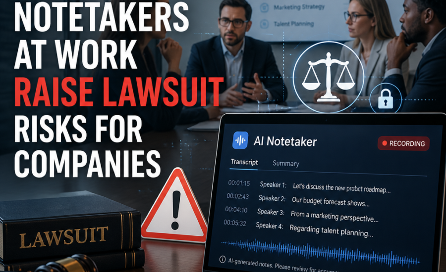 Illustration of AI note-taking at work, highlighting privacy, legal, and compliance risks for companies