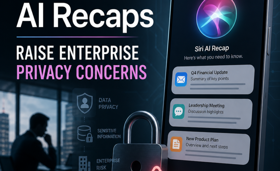 Illustration of Apple Siri AI Recaps highlighting enterprise privacy concerns about sensitive data and security risks