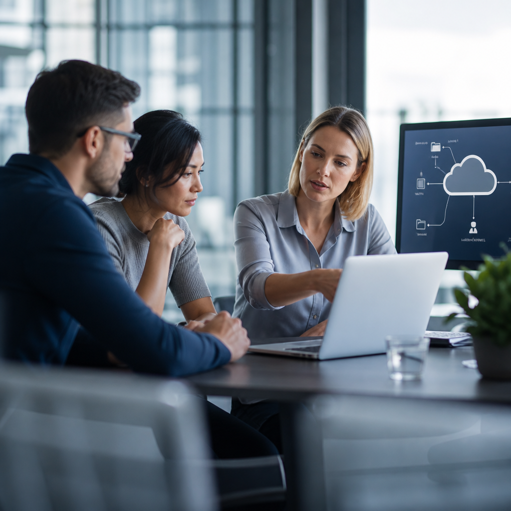 Business team discussing cloud strategy around a laptop with a digital cloud diagram in a modern office