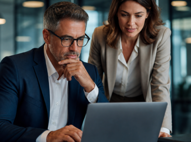 Business professionals collaborating on a laptop in a modern office