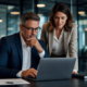 Business professionals collaborating on a laptop in a modern office