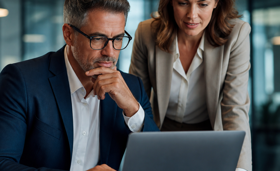 Business professionals collaborating on a laptop in a modern office