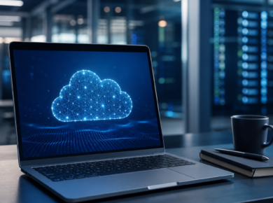 Laptop displaying a cloud computing graphic in a modern data center office