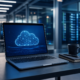 Laptop displaying a cloud computing graphic in a modern data center office