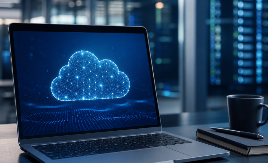 Laptop displaying a cloud computing graphic in a modern data center office
