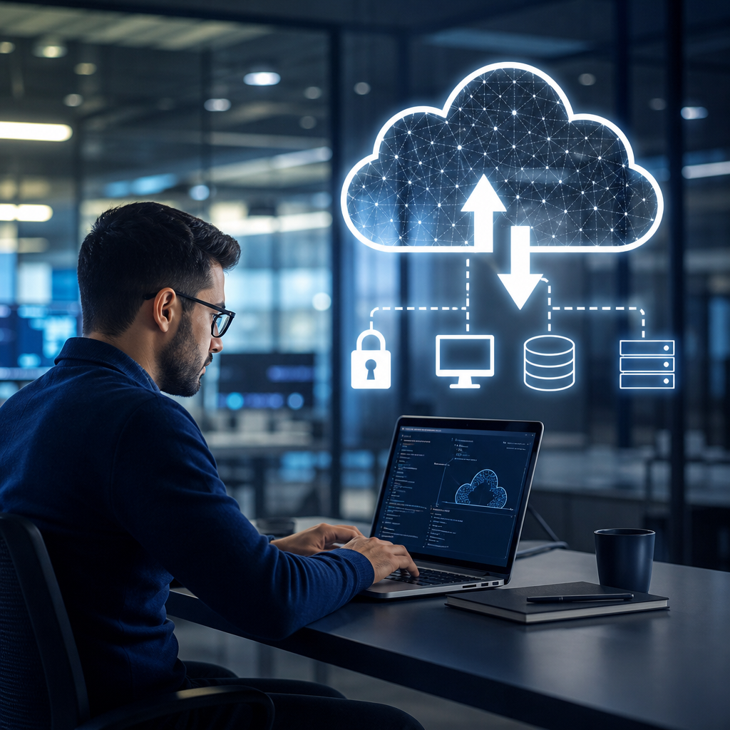 IT professional using a laptop with cloud computing and data security hologram in a modern office