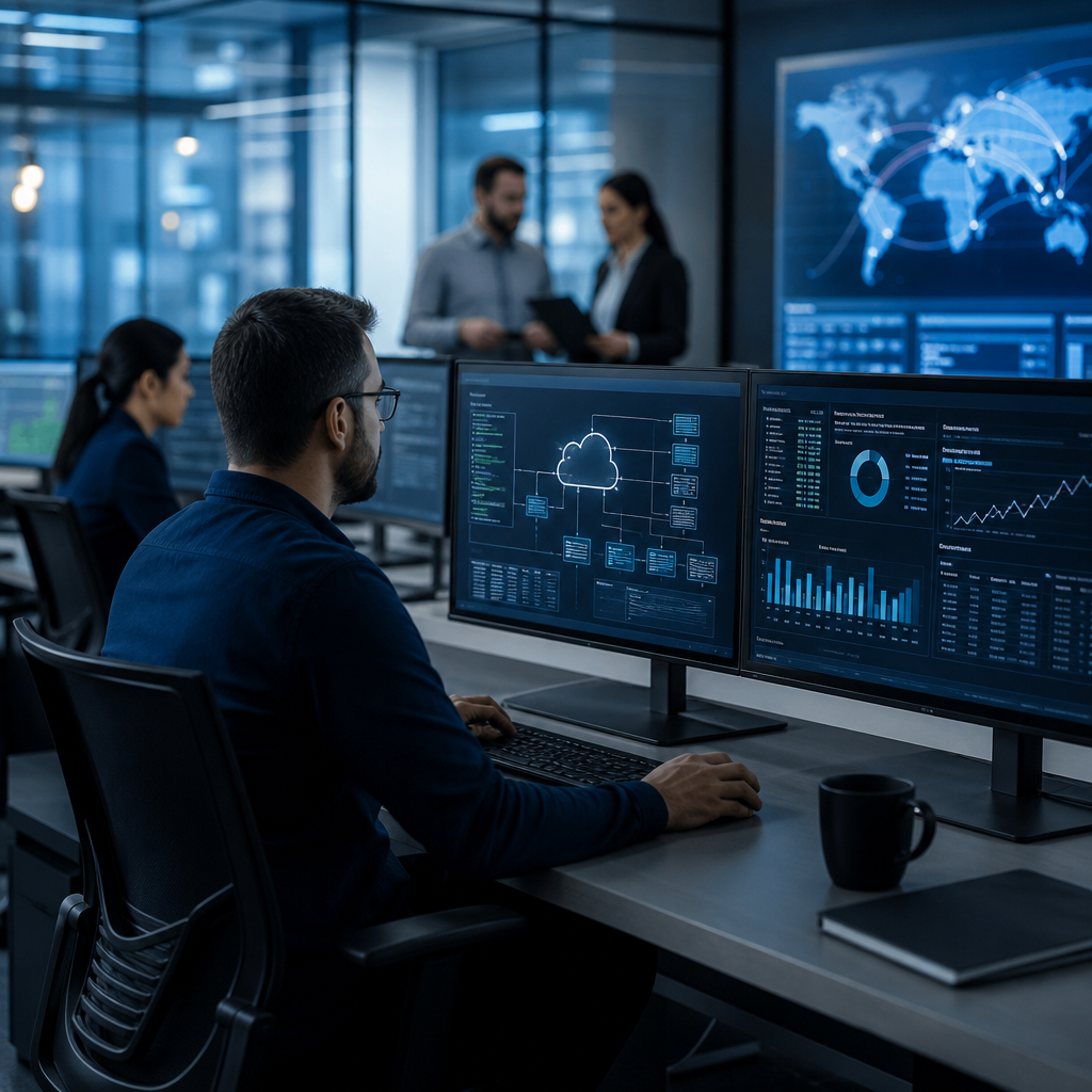 Cybersecurity analyst monitoring global network activity on multiple computer screens in a modern office