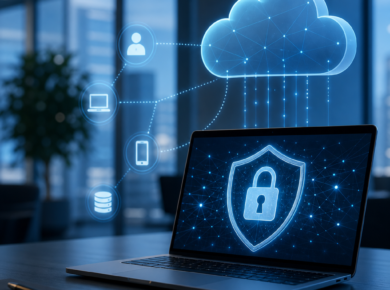 Laptop displaying a cloud security shield with a padlock in a modern office setting