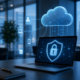 Laptop displaying a cloud security shield with a padlock in a modern office setting