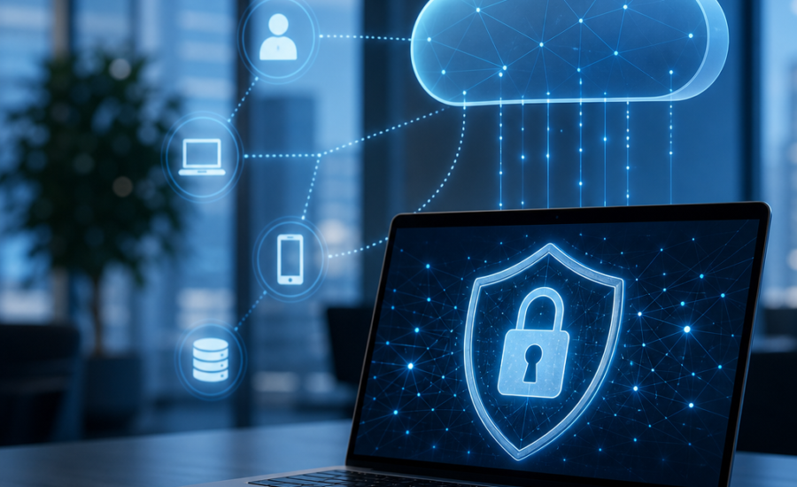 Laptop displaying a cloud security shield with a padlock in a modern office setting