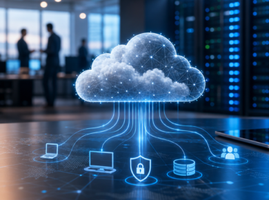 Glowing digital cloud linking servers, devices, security, and data storage in an audit readiness concept.