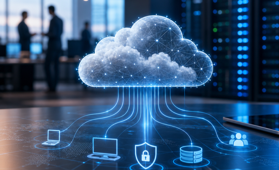 Glowing digital cloud linking servers, devices, security, and data storage in an audit readiness concept.