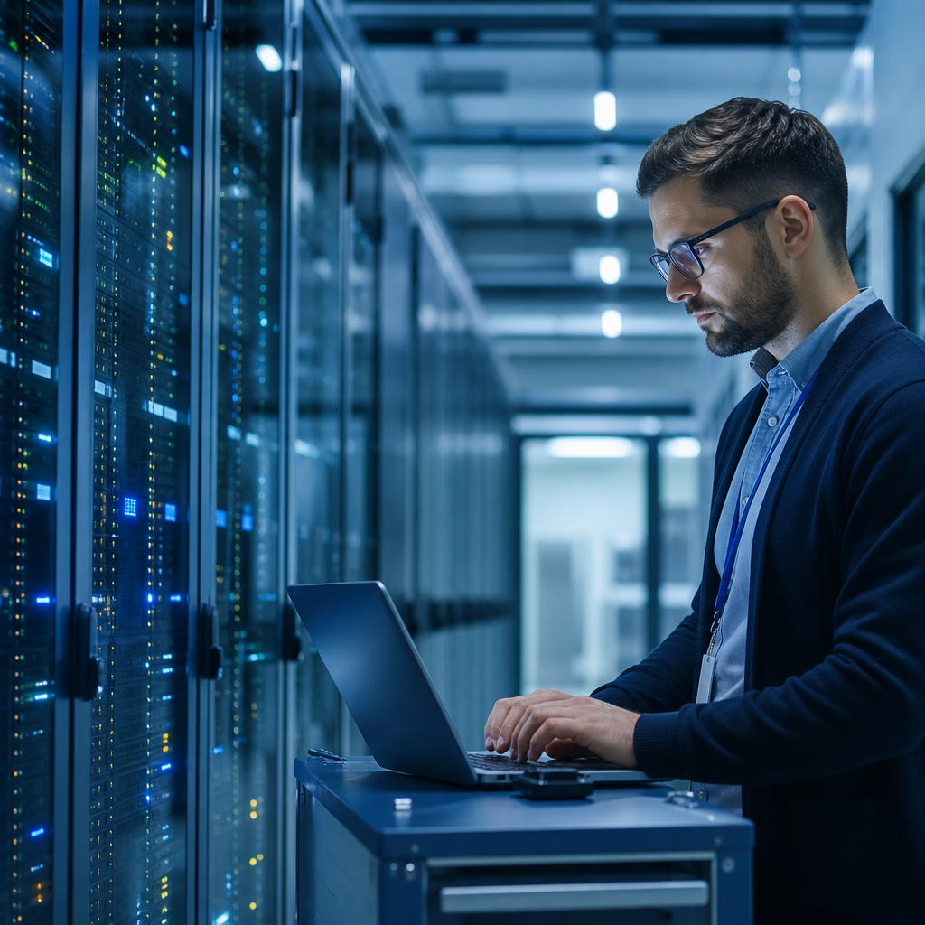 IT professional working on a laptop beside servers in a modern data center