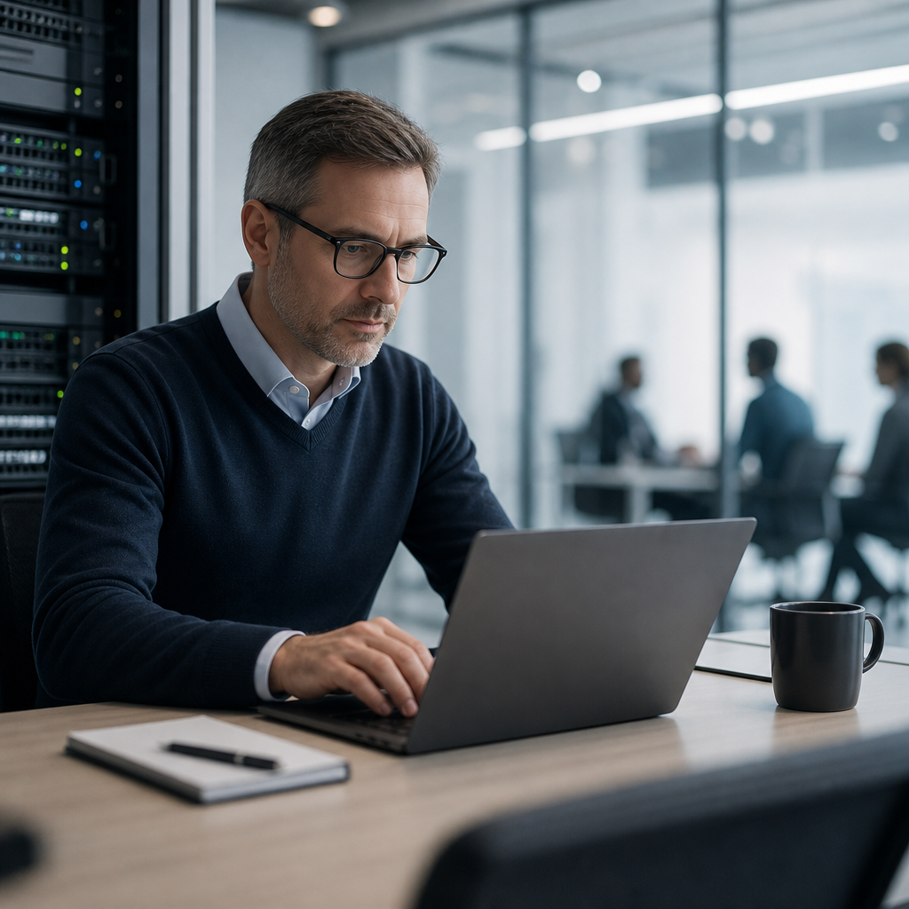 IT professional working on a laptop in a modern server room office