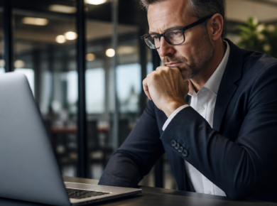 Focused businessman working on a laptop in a modern office