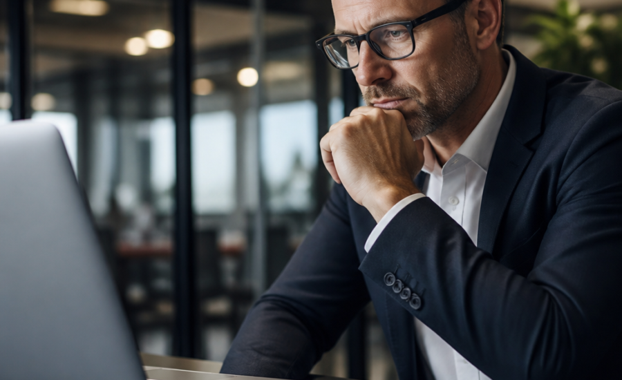 Focused businessman working on a laptop in a modern office