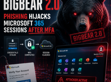 Cybersecurity warning graphic about BigBear 2.0 phishing hijacking Microsoft 365 sessions after MFA