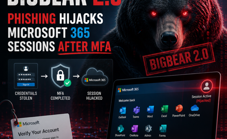 Cybersecurity warning graphic about BigBear 2.0 phishing hijacking Microsoft 365 sessions after MFA