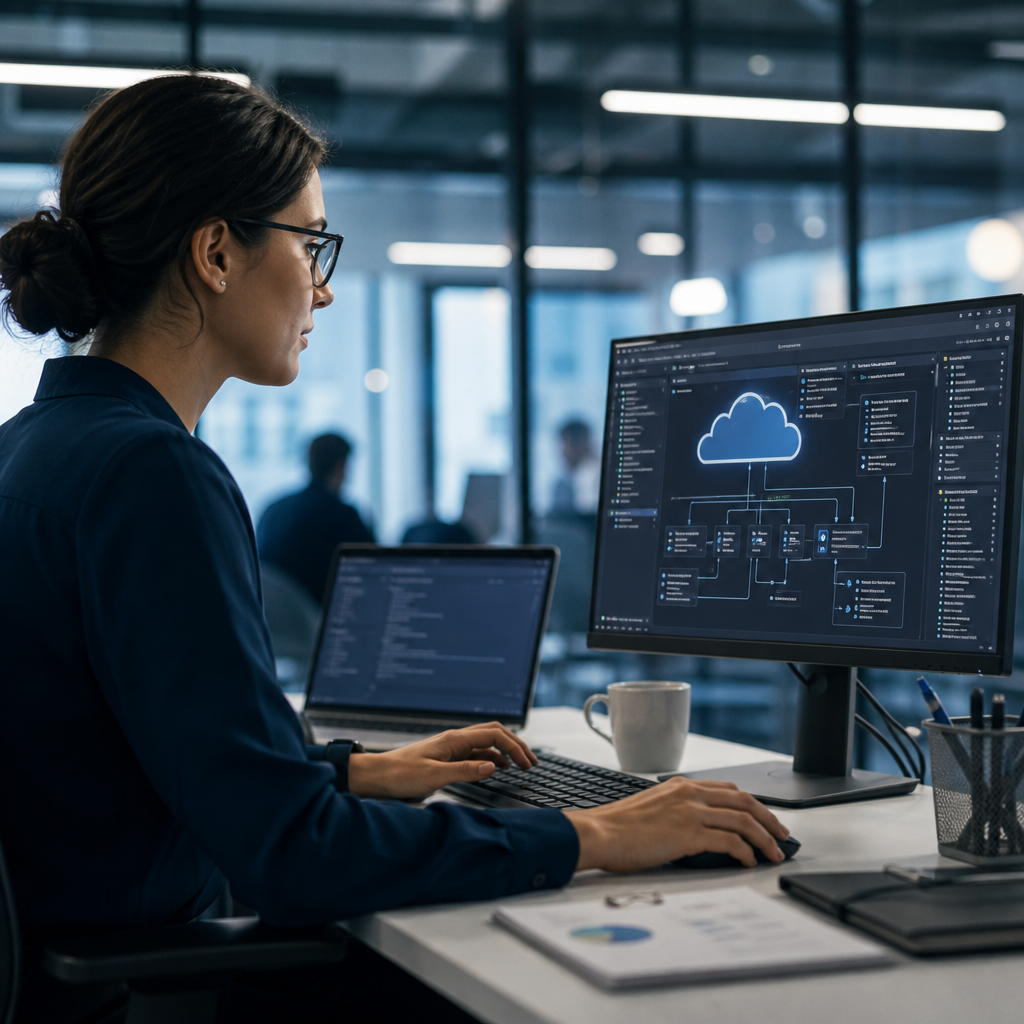 IT professional analyzing cloud computing architecture on dual monitors in a modern office