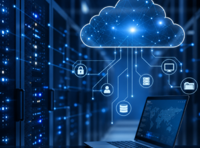 Laptop connected to cloud servers and digital network lines representing an integrated management system.
