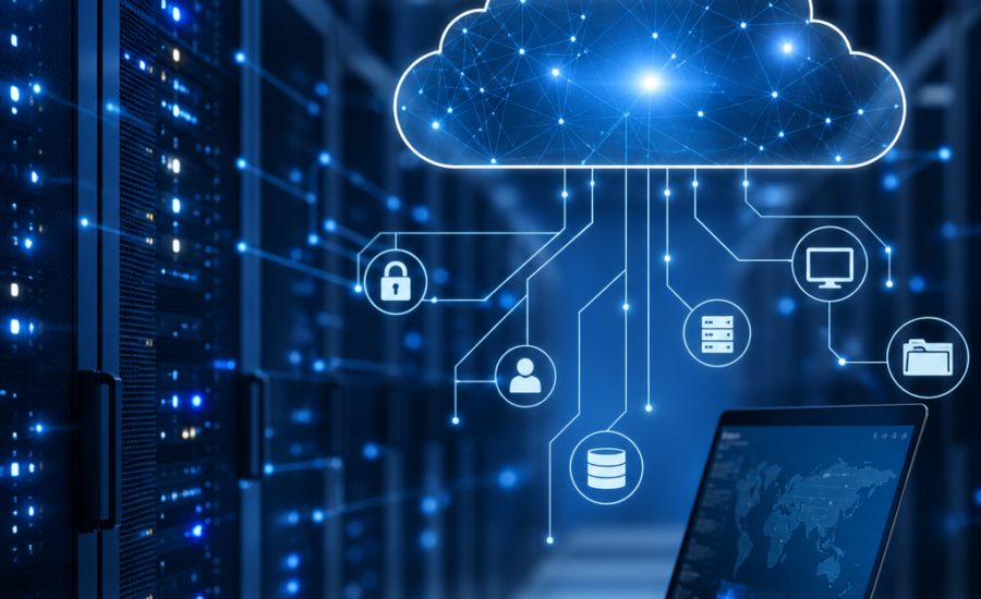Laptop connected to cloud servers and digital network lines representing an integrated management system.