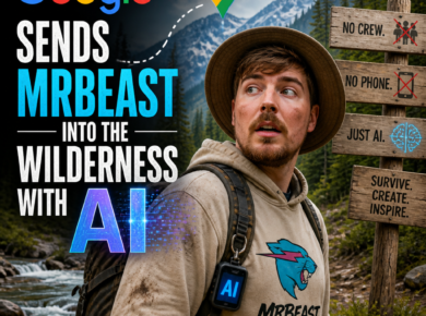 MrBeast hiking through a mountain forest with AI gear during a wilderness adventure