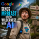MrBeast hiking through a mountain forest with AI gear during a wilderness adventure