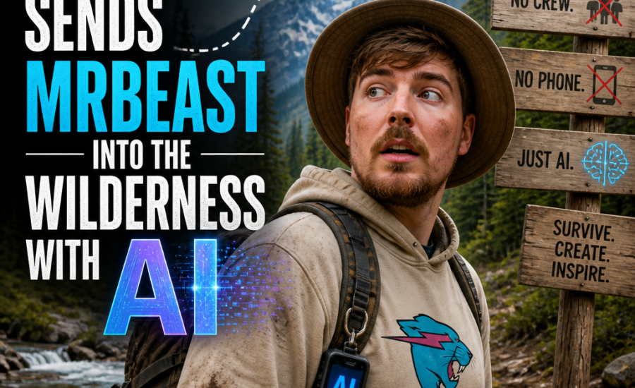 MrBeast hiking through a mountain forest with AI gear during a wilderness adventure