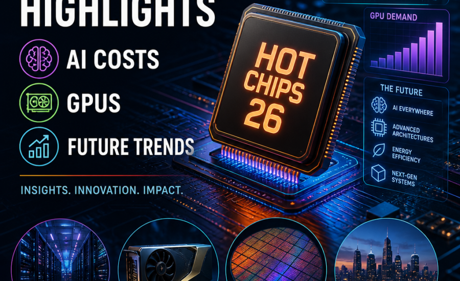 Hot Chips 26 presentation slide on AI chip costs, GPU demand, advanced packaging, and data center trends