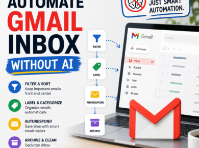 Infographic showing how to organize Gmail without AI using filters, labels, stars, and archive settings