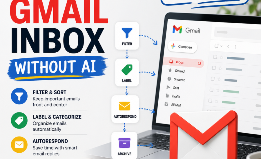 Infographic showing how to organize Gmail without AI using filters, labels, stars, and archive settings