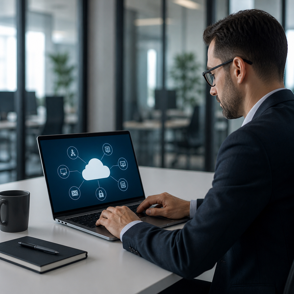 Businessman working on a laptop with cloud computing graphics in a modern office