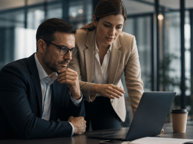 Business professionals reviewing information on a laptop in a modern office