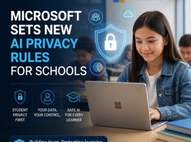 Microsoft AI privacy rules for schools shown alongside a student using a laptop