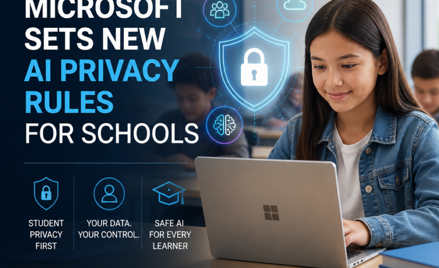 Microsoft AI privacy rules for schools shown alongside a student using a laptop